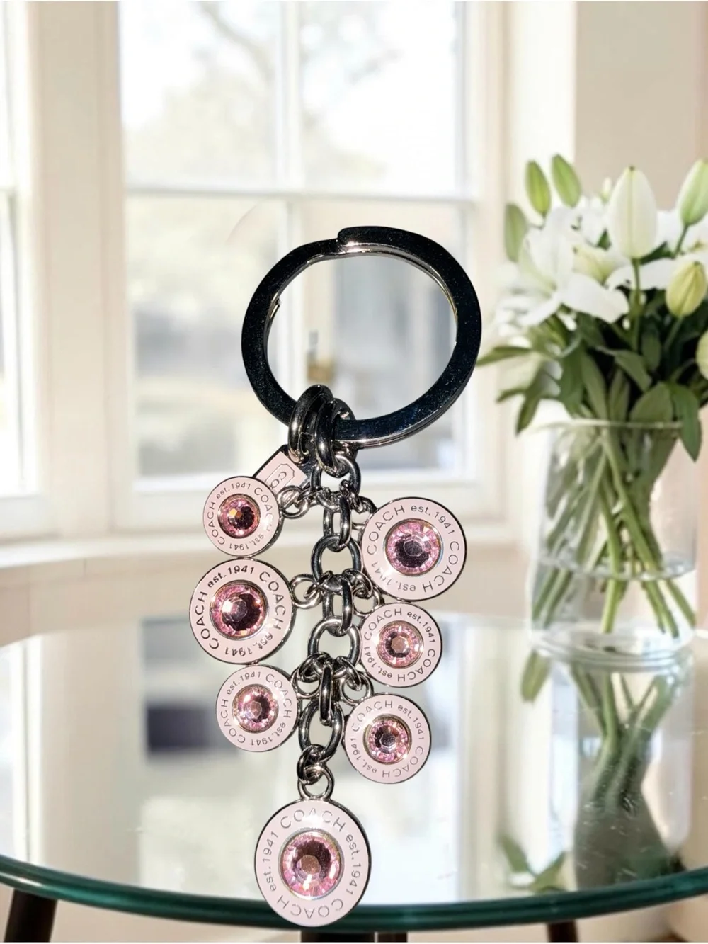 Coach Silver Keyring with Pink Crystal Disc Charms